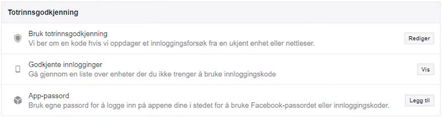 Illustrasjon av totrinnsbekreftelse valg Facebook i nettleser