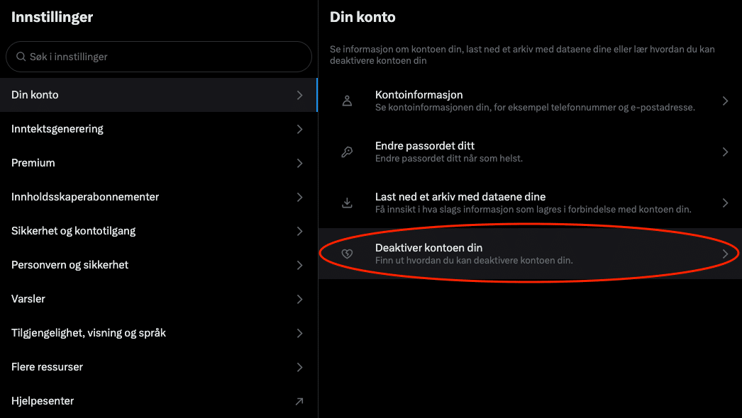 Innstillinger og deaktivere konto i X i nettleserversjon.