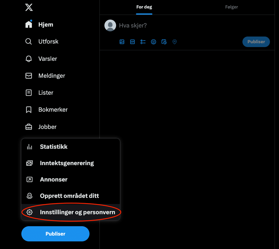 Meny og Instillinger og personvern i X i nettleserversjon.