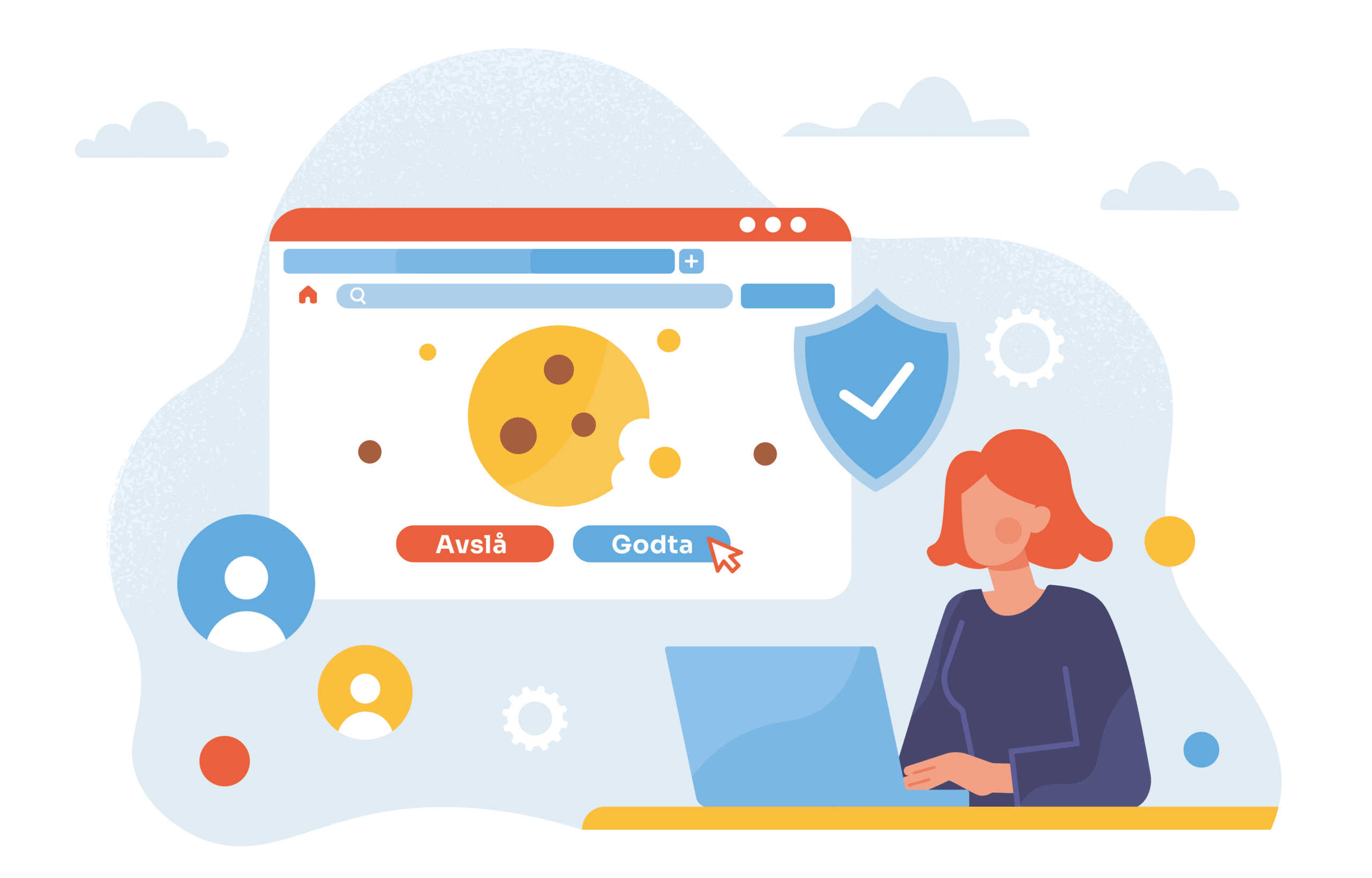 Illustrasjon av kvinne som sitter foran PC-en og har valg mellom å avslå eller godta informasjonskapsler.